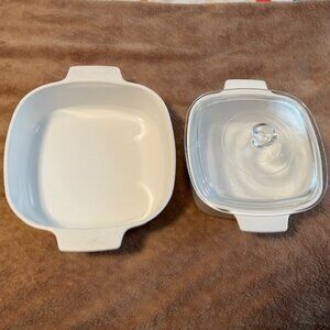Set of 2 Vintage CORNING WARE Plain White Casserole Dishes, Oven-Safe, One Cover